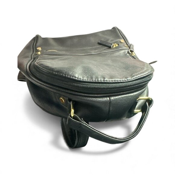 Black Faux Leather Backpack With Gold Hardware Zipper Pockets & Adjustable Strap - Picture 4 of 14